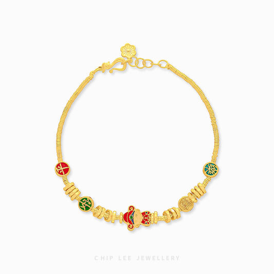 999 Pure Gold Peace and Joy Charm Gu Fa Jin Bracelet, featuring symbolic blessings, crafted with ancient techniques.