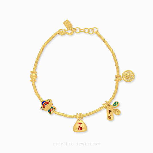 999 Pure Gold Peace and Joy Charm Gu Fa Jin Bracelet , featuring symbolic blessings, crafted with ancient techniques.