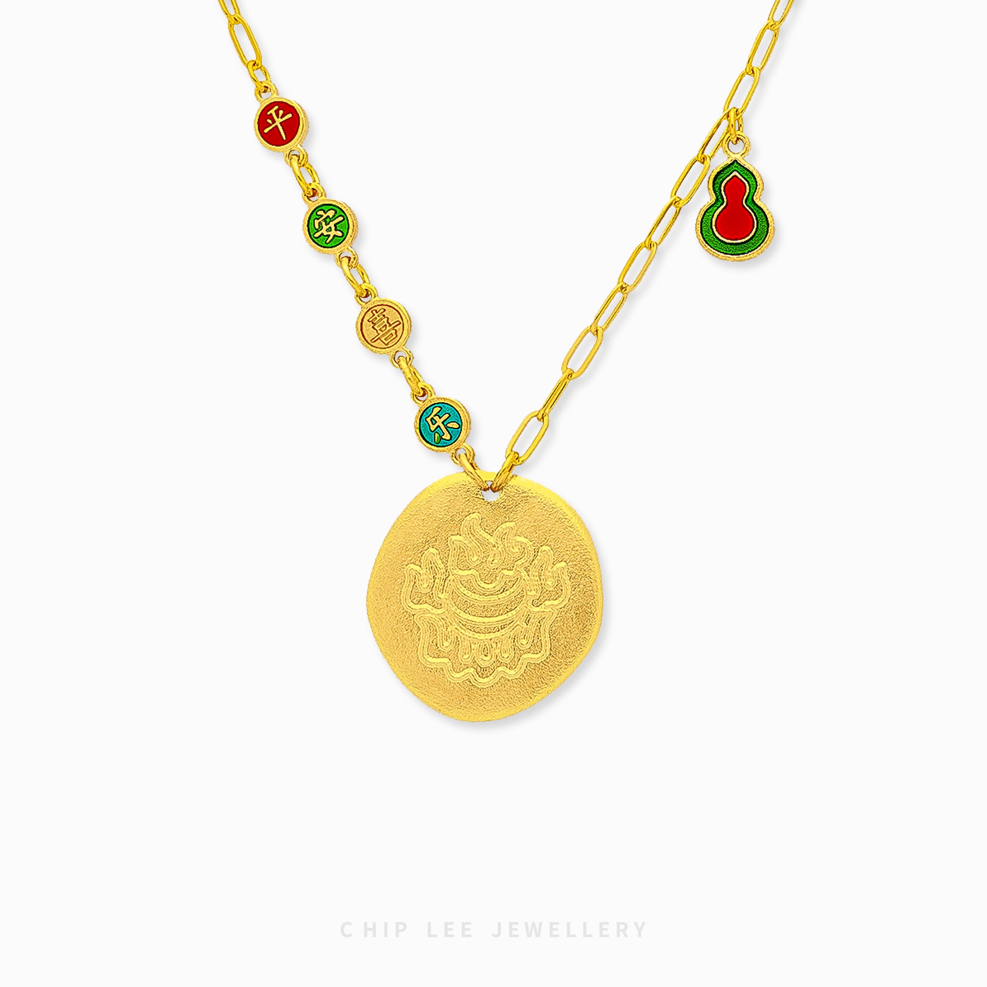 999 Pure Gold Peace and Joy Gu Fa Jin Necklace with intricate design, symbolising calm, happiness, and daily gratitude.