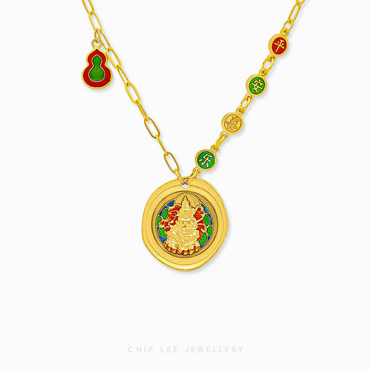 999 Pure Gold Peace and Joy Gu Fa Jin Necklace with intricate design, symbolising calm, happiness, and daily gratitude.