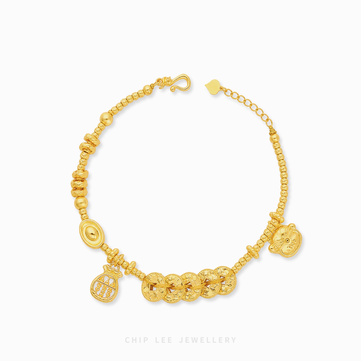 A gold chain anklet featuring textured coin charms, a small bird charm, and a bear head charm, displayed on a clean white background with the brand name 'CHIP LEE JEWELLERY' printed below.