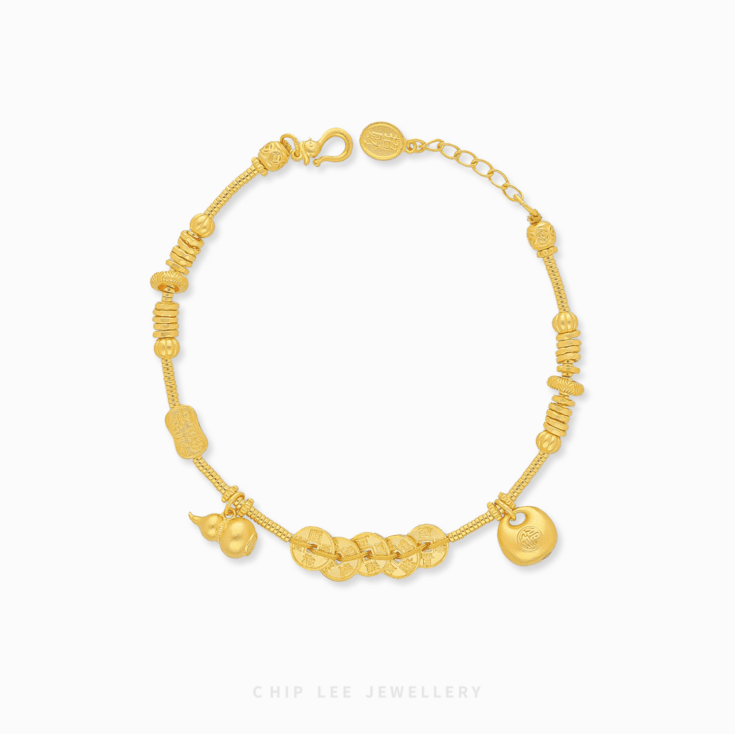 Chip Lee Jewellery Singapore 999 Pure Gold Prosperity Charm Gu Fa Jin Bracelet, 24K Ancient Gold, traditional matte finish, symbolic wealth.