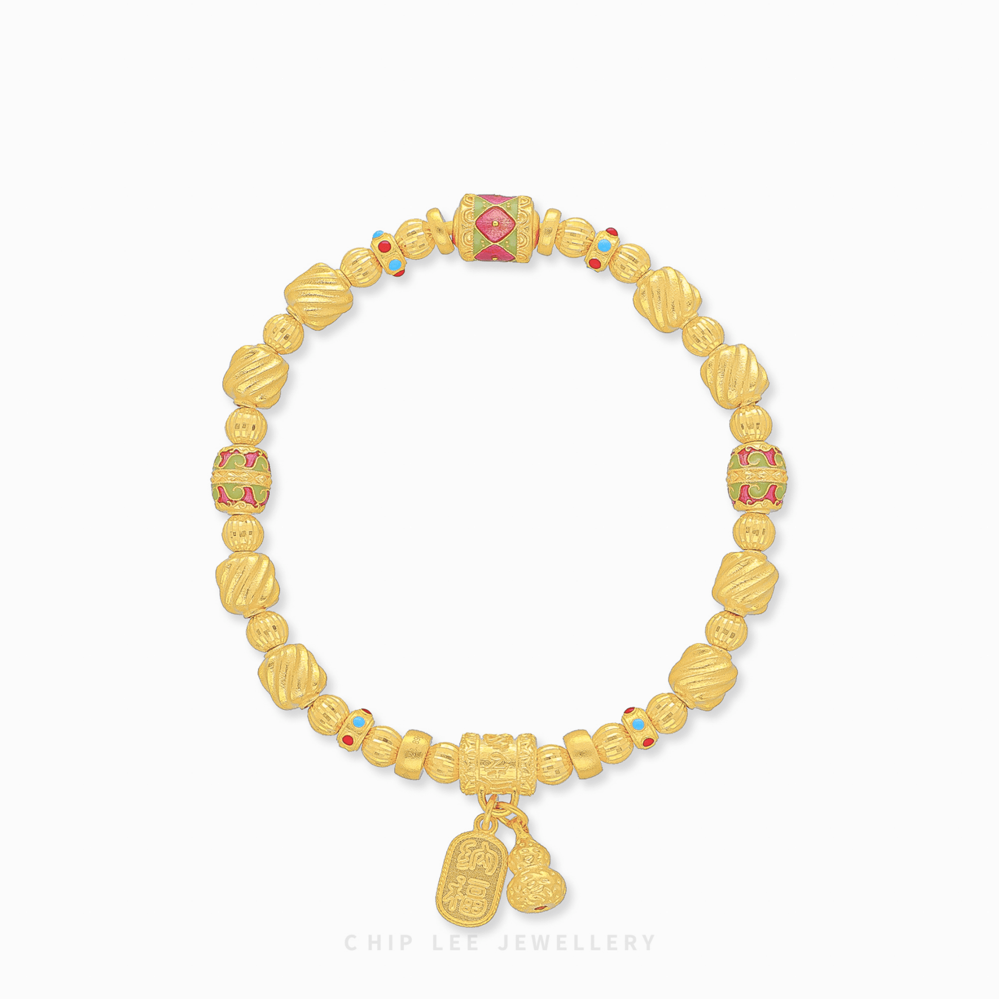999 Pure Gold Prosperity Charm Bracelet in a matte Gu Fa Jin finish, featuring a handcrafted 24k gold symbolic wealth charm.