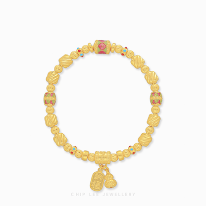 999 Pure Gold Prosperity Charm Bracelet in a matte Gu Fa Jin finish, featuring a handcrafted 24k gold symbolic wealth charm.