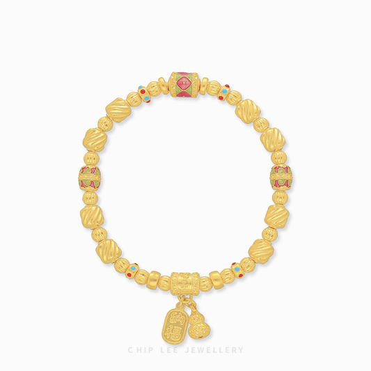 999 Pure Gold Prosperity Charm Bracelet in a matte Gu Fa Jin finish, featuring a handcrafted 24k gold symbolic wealth charm.