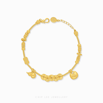 Chip Lee Jewellery Singapore 999 Pure Gold Prosperity Charm Gu Fa Jin Bracelet, 24K Ancient Gold, traditional matte finish, symbolic wealth.