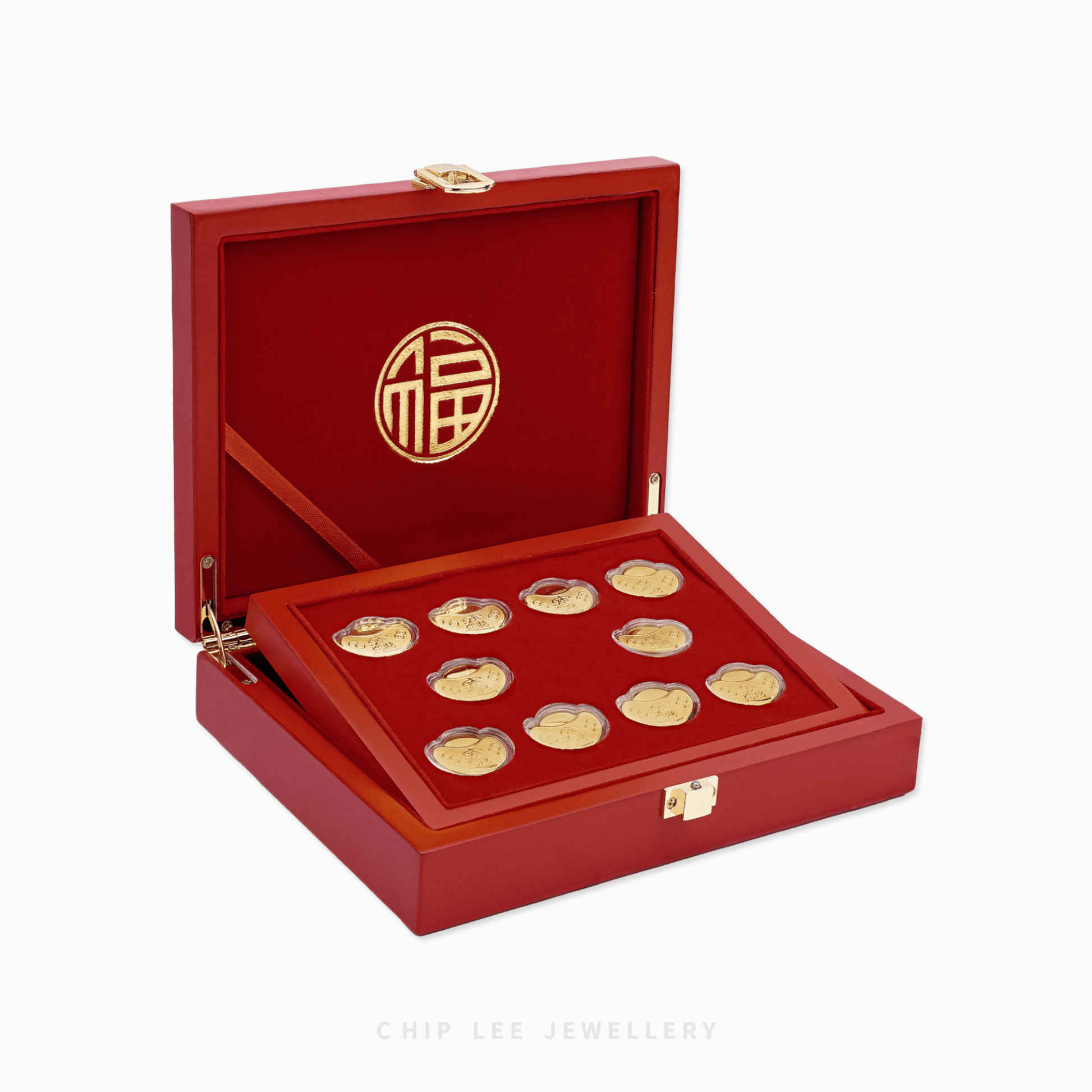 Gold ingot with Chinese characters on a white background