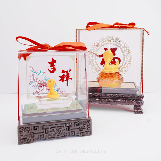 999 Pure Gold Prosperity Snake on Money Pot Figurine by Chip Lee Jewellery, 24K gold, symbol of luck, wealth and abundance décor