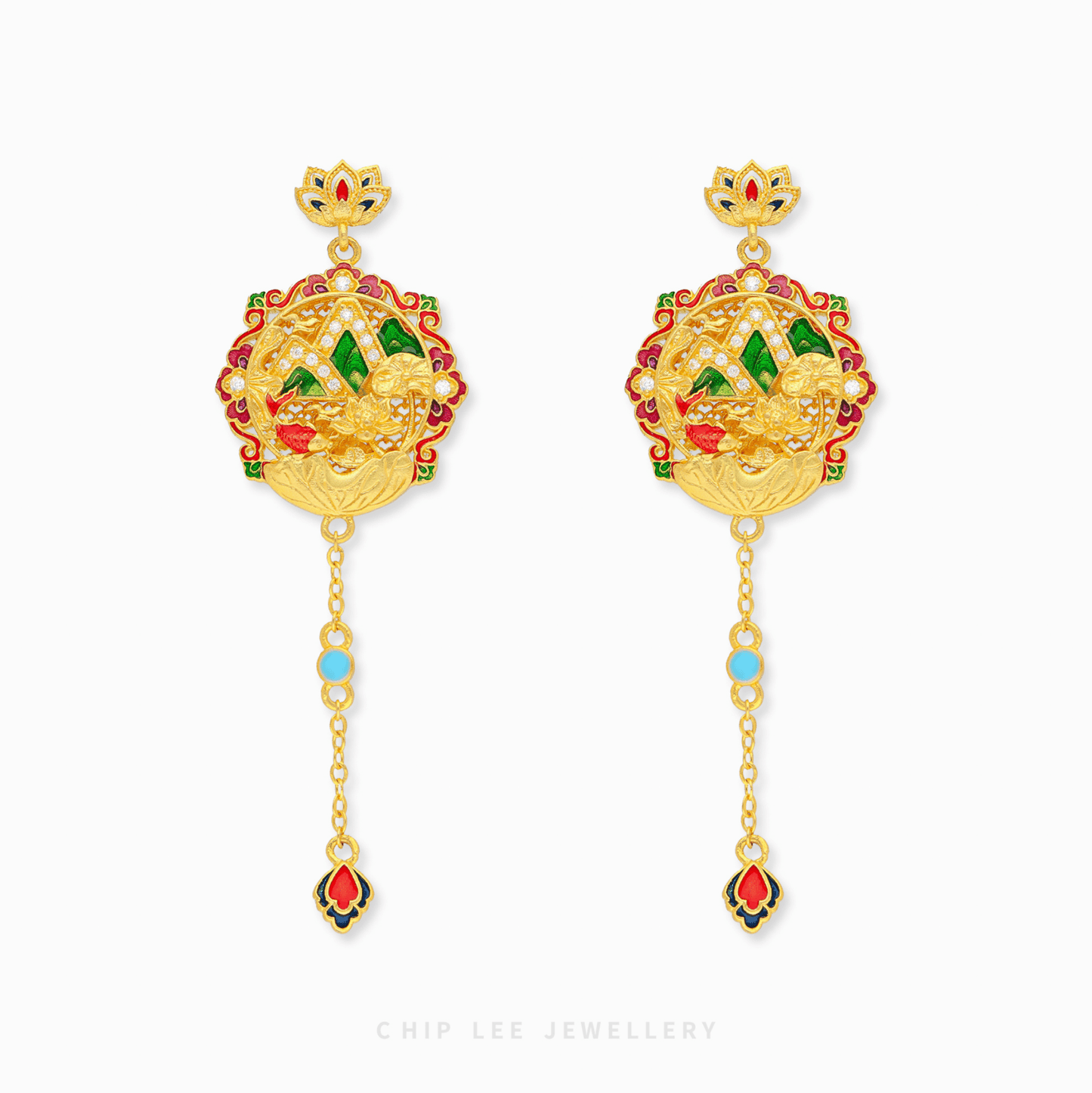999 Pure Gold Prosperous Peaks Gu Fa Jin Earrings featuring traditional Chinese designs and and ancient craftsmanship.