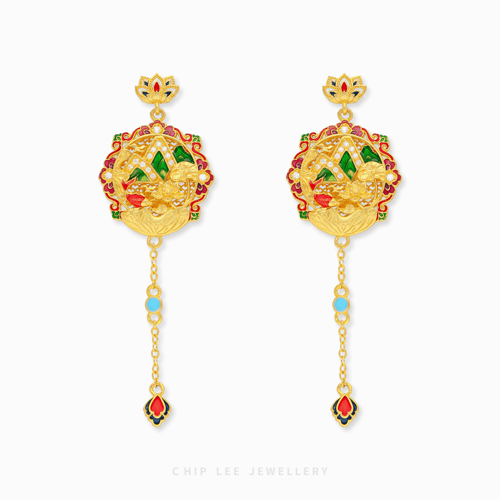 999 Pure Gold Prosperous Peaks Gu Fa Jin Earrings featuring traditional Chinese designs and and ancient craftsmanship.
