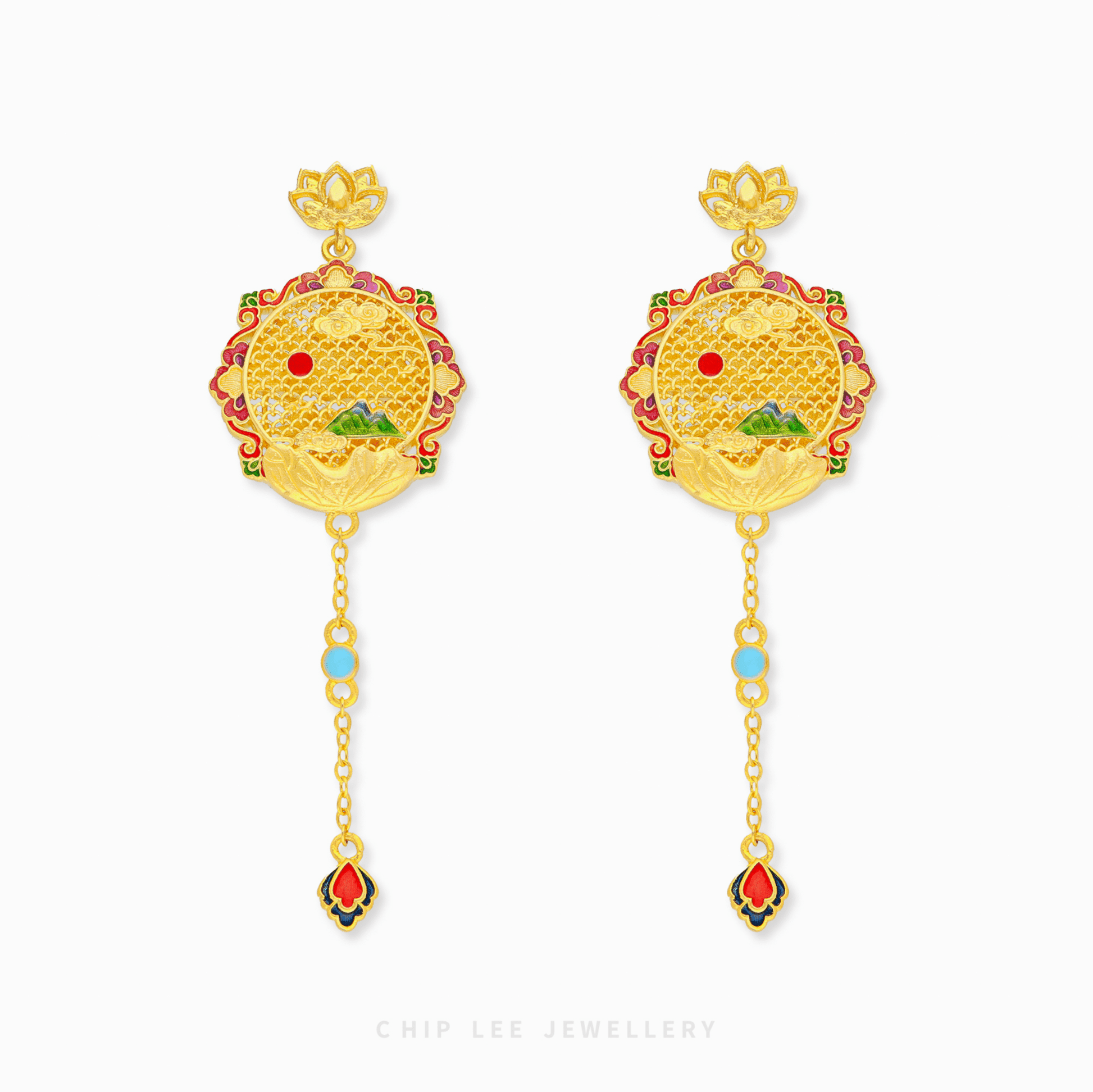 999 Pure Gold Prosperous Peaks Gu Fa Jin Earrings featuring traditional Chinese designs and and ancient craftsmanship.