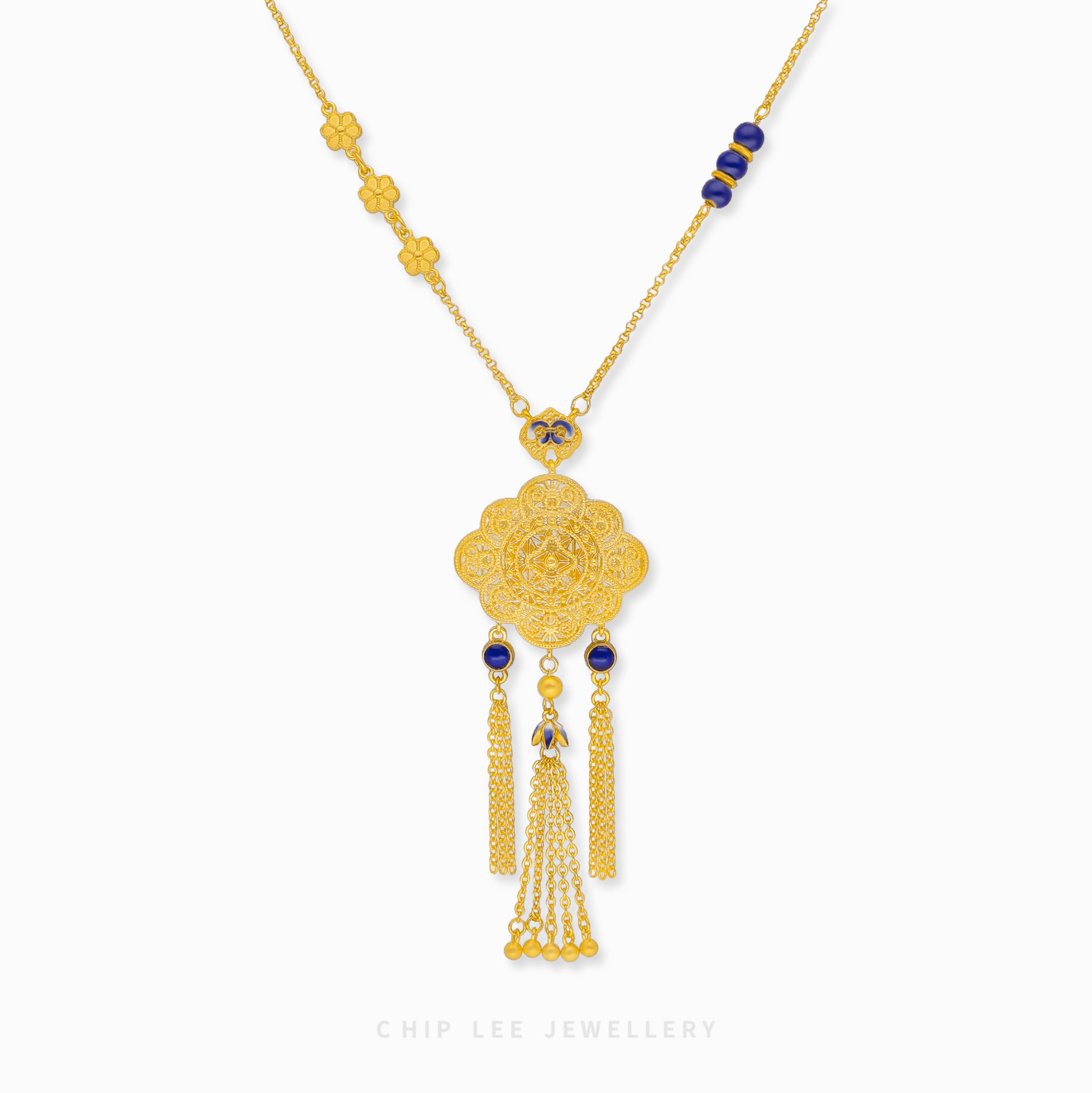 999 Pure Gold Qing Hua Blossom Gu Fa Jin Necklace, inspired by traditional Qing Hua porcelain.