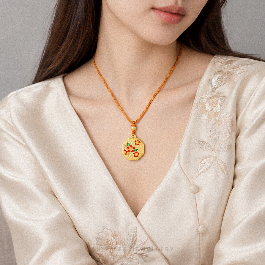 999 Pure Gold Red Enamel Bloom Necklace