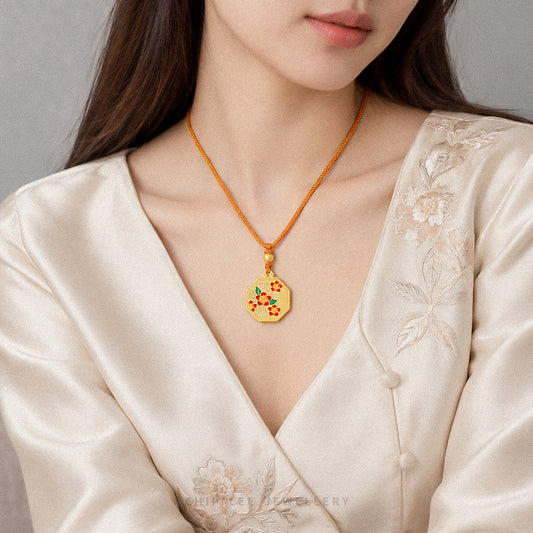 999 Pure Gold Red Enamel Bloom Necklace