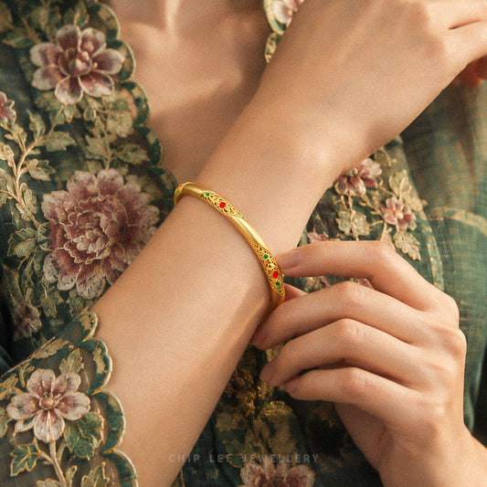 999 Pure Gold Red and Green Qiankun Bangle