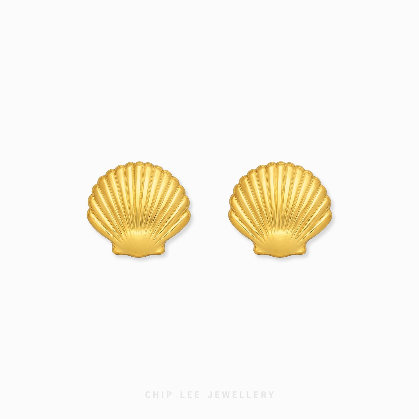 A pair of gold shell-shaped stud earrings on a clean white background, with the brand name 'CHIP LEE JEWELLERY' printed at the bottom.