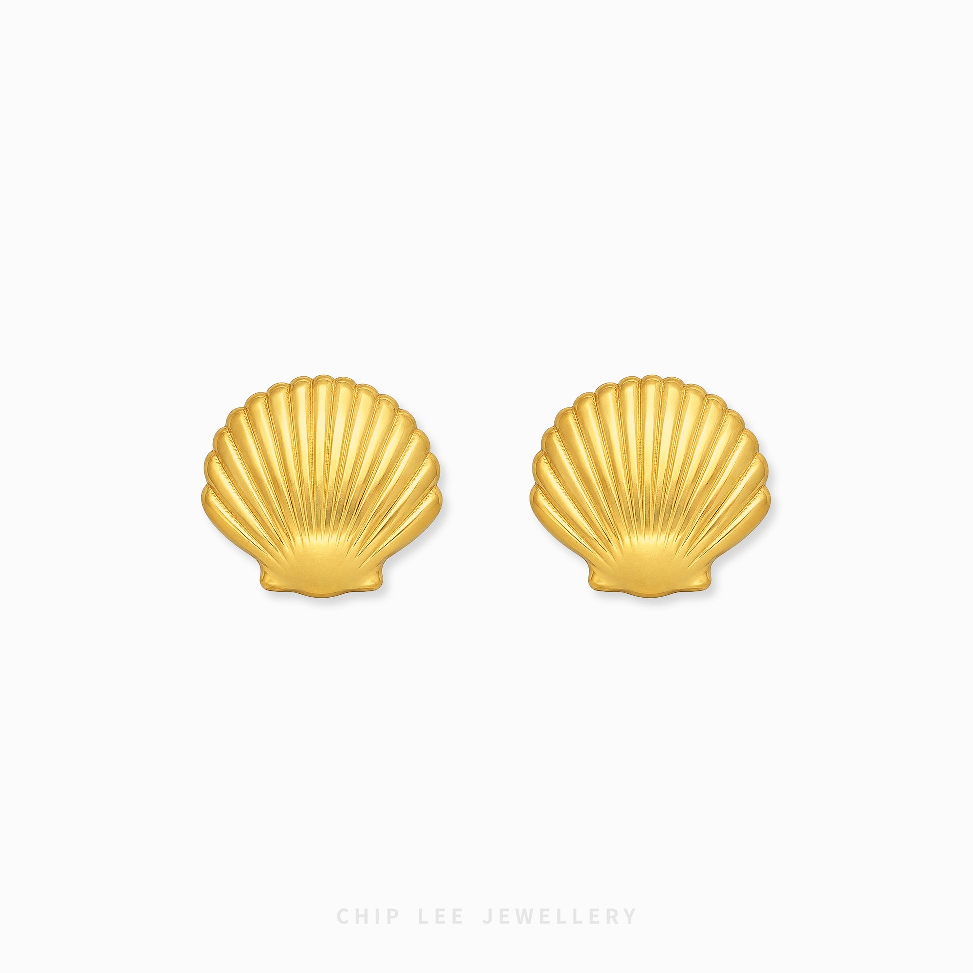 A pair of gold shell-shaped stud earrings on a clean white background, with the brand name 'CHIP LEE JEWELLERY' printed at the bottom.