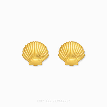 A pair of gold shell-shaped stud earrings on a clean white background, with the brand name 'CHIP LEE JEWELLERY' printed at the bottom.