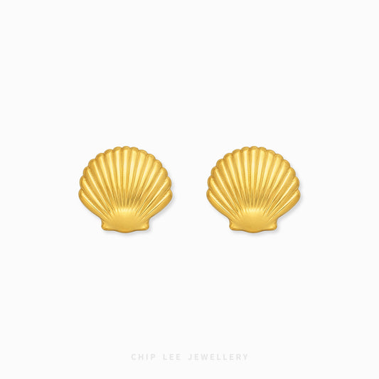 A pair of gold shell-shaped stud earrings on a clean white background, with the brand name 'CHIP LEE JEWELLERY' printed at the bottom.