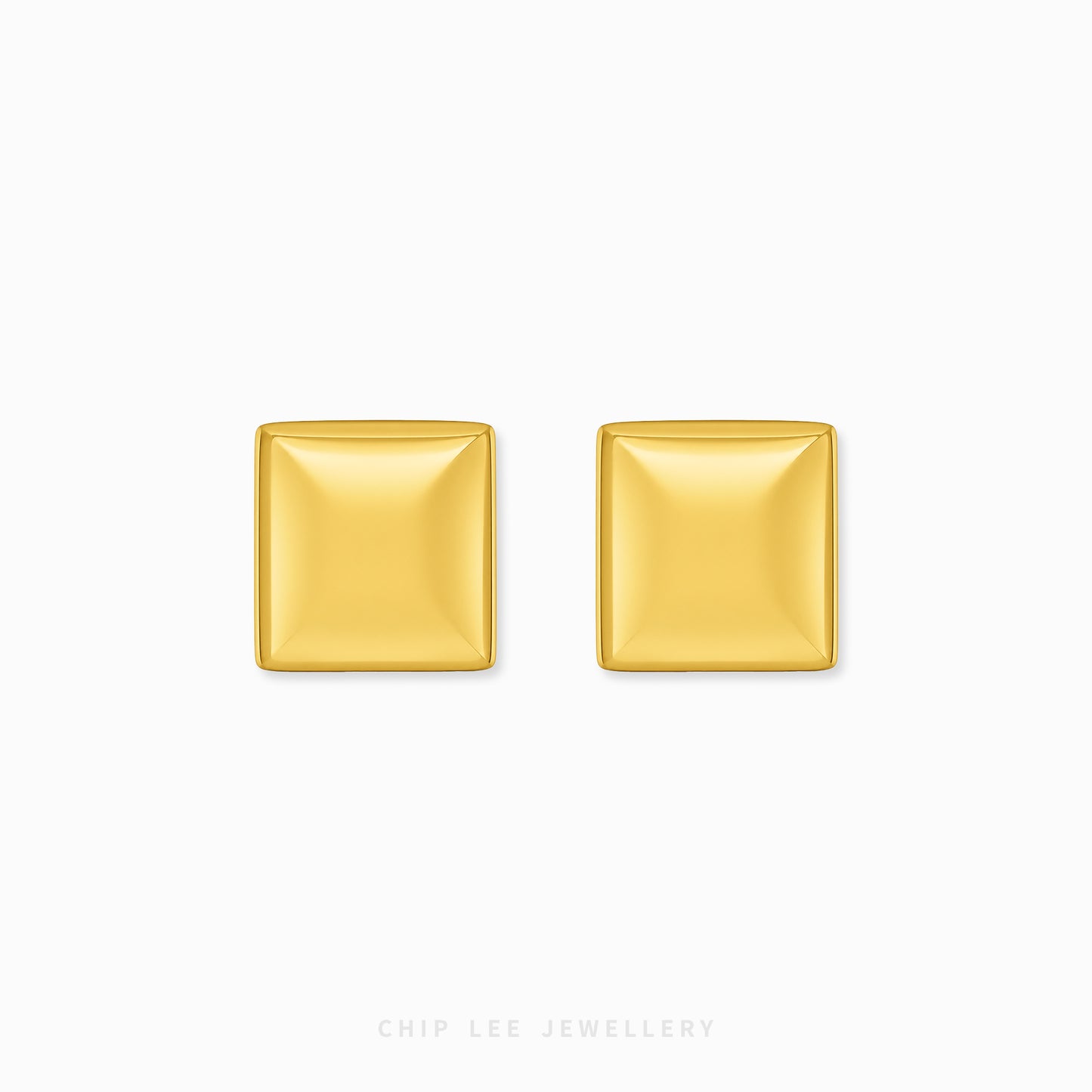 A pair of gold square stud earrings with a beveled edge, shown on a clean white background with the brand name 'CHIP LEE JEWELLERY' printed at the bottom.