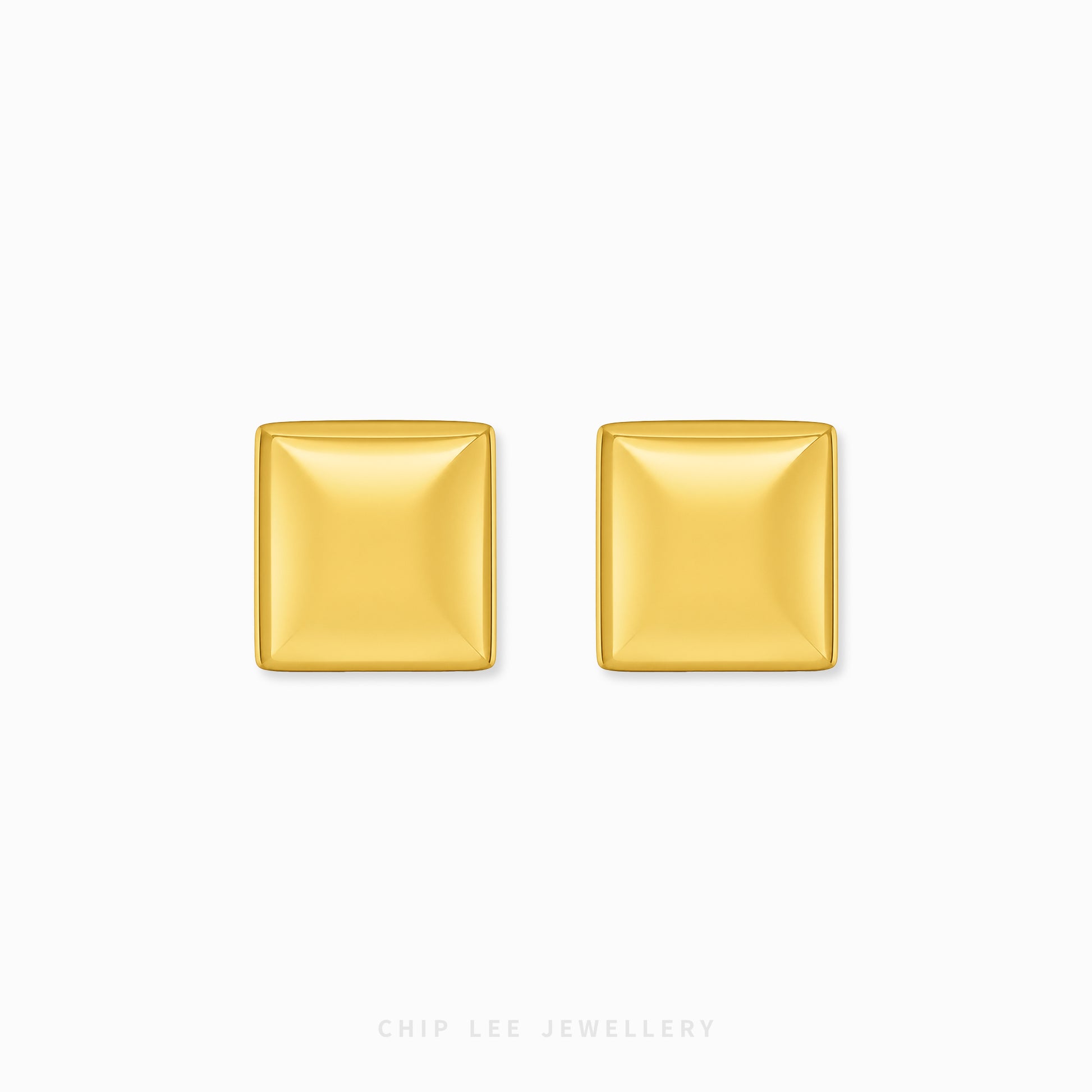 A pair of gold square stud earrings with a beveled edge, shown on a clean white background with the brand name 'CHIP LEE JEWELLERY' printed at the bottom.