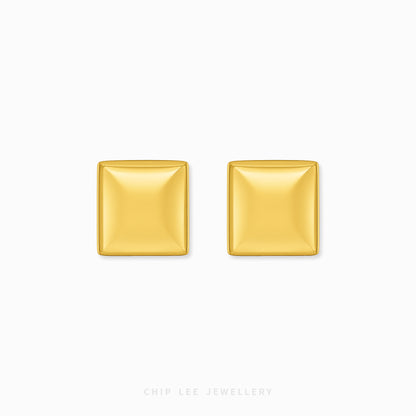 A pair of gold square stud earrings with a beveled edge, shown on a clean white background with the brand name 'CHIP LEE JEWELLERY' printed at the bottom.