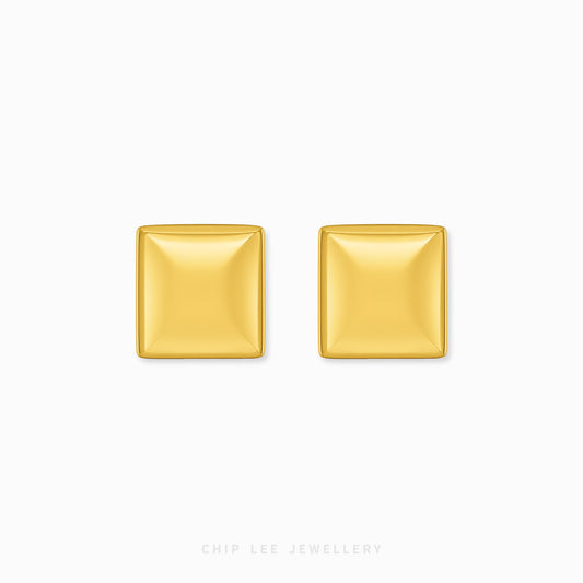 A pair of gold square stud earrings with a beveled edge, shown on a clean white background with the brand name 'CHIP LEE JEWELLERY' printed at the bottom.