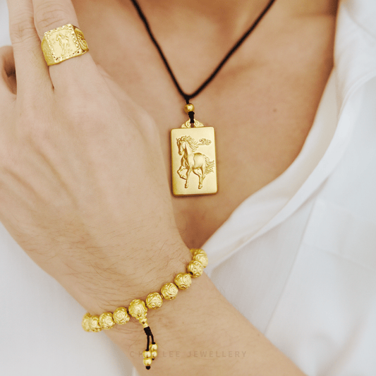 999 Pure Gold Success & Achievement Gu Fa Jin Necklace with horse motif, symbolising courage and accomplishment.