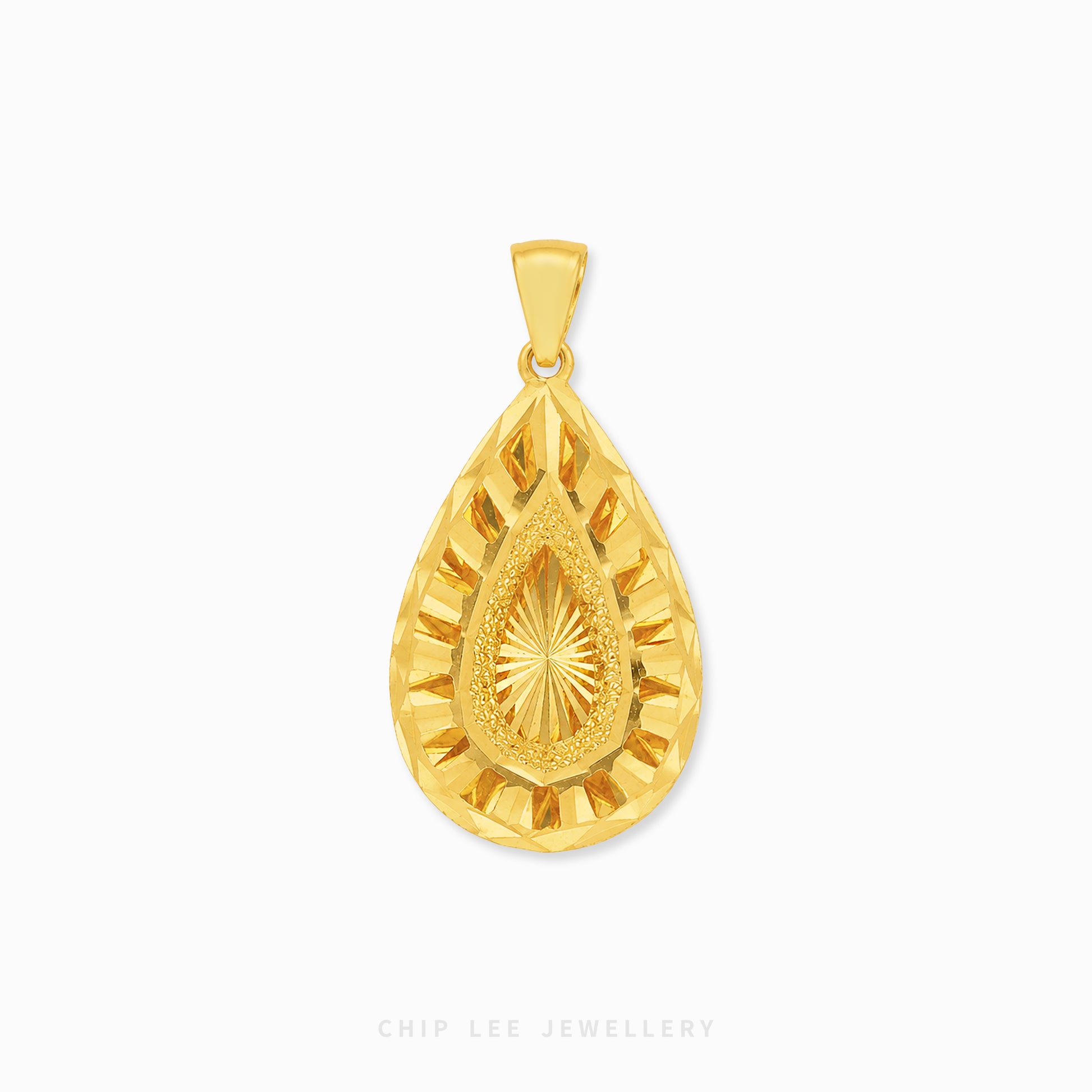 Sunburst Teardrop Pendant Necklace featuring a radiant sunburst design within an elegant teardrop shape