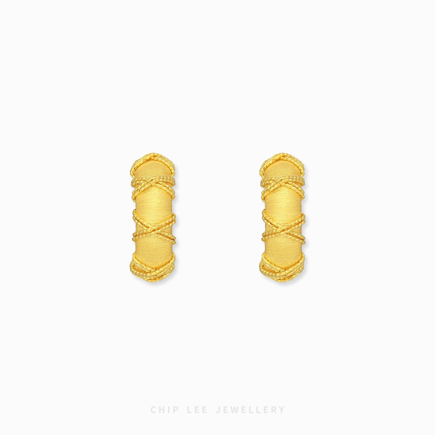 A pair of gold hoop earrings with a textured, wrapped design, displayed on a clean white background with the brand name 'CHIP LEE JEWELLERY' printed at the bottom.