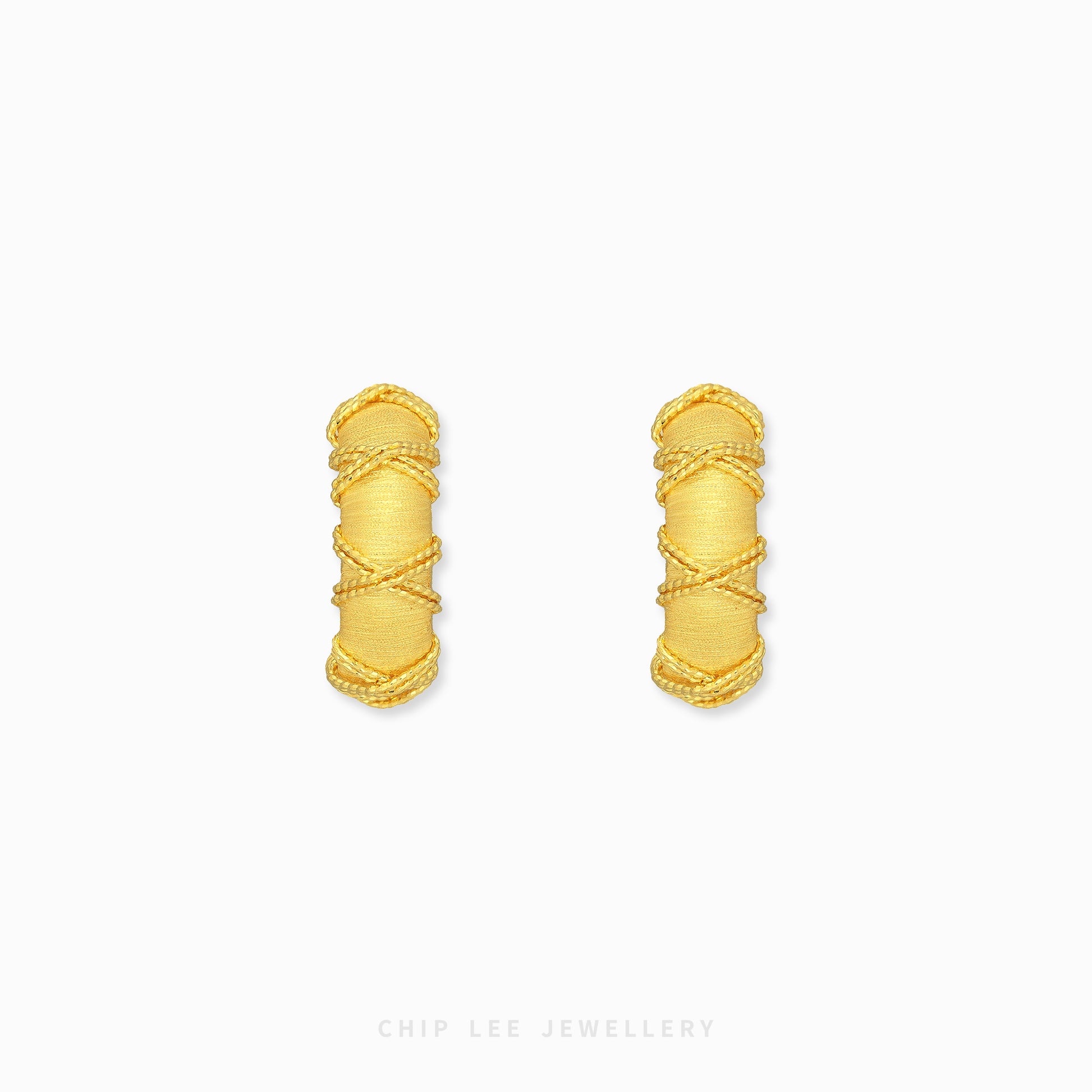 A pair of gold hoop earrings with a textured, wrapped design, displayed on a clean white background with the brand name 'CHIP LEE JEWELLERY' printed at the bottom.