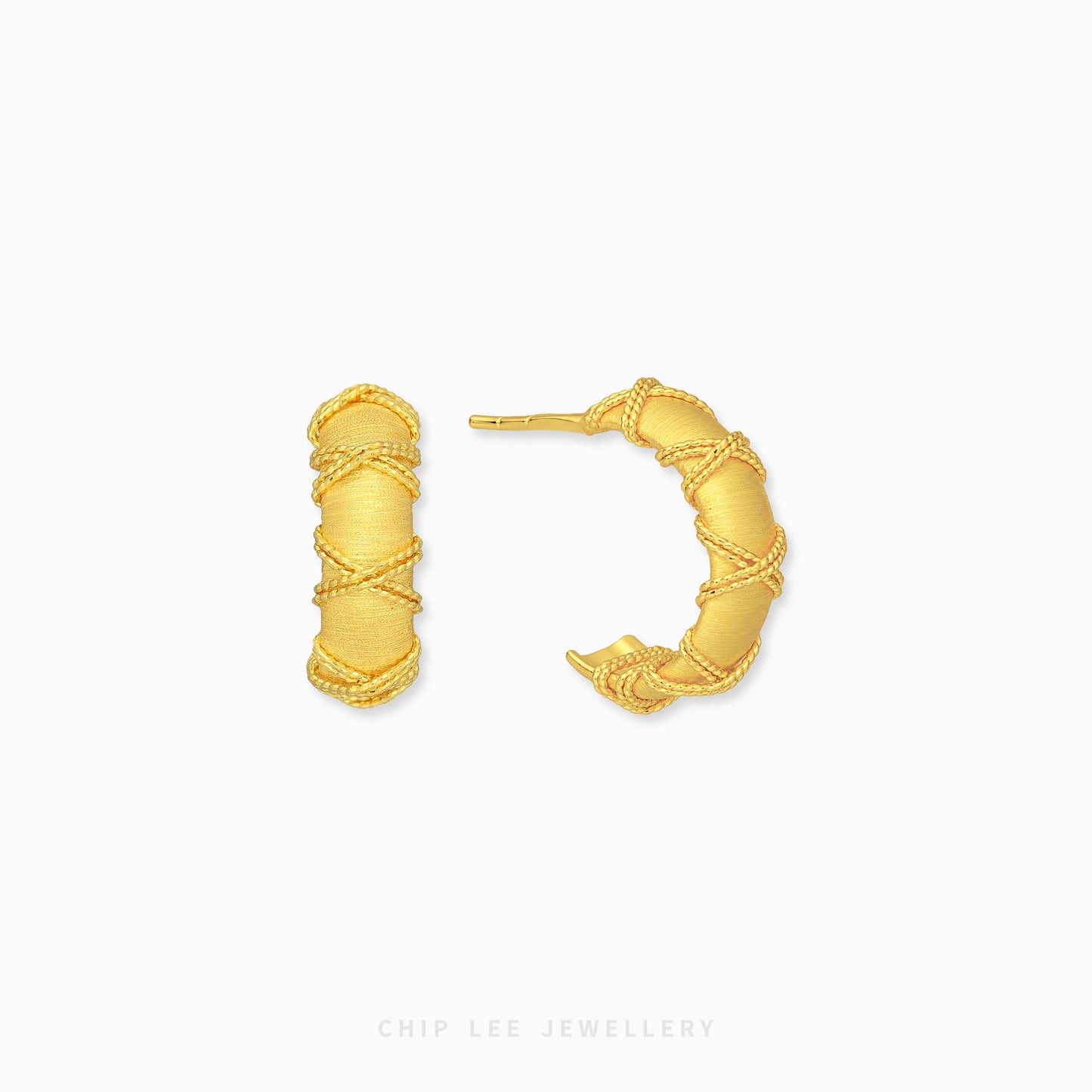A pair of gold hoop earrings with a textured, wrapped design, displayed on a clean white background with the brand name 'CHIP LEE JEWELLERY' printed at the bottom.