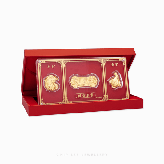 Chip Lee Singapore 999 Pure Gold Three Treasures of Wealth (財富三寶) Collectable. 24K gold plaque in red box for prosperity.