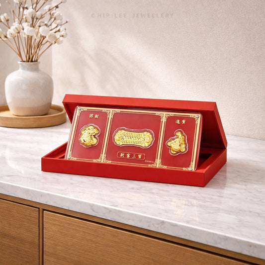 Chip Lee Singapore 999 Pure Gold Three Treasures of Wealth (財富三寶) Collectable. 24K gold plaque in red box for prosperity.