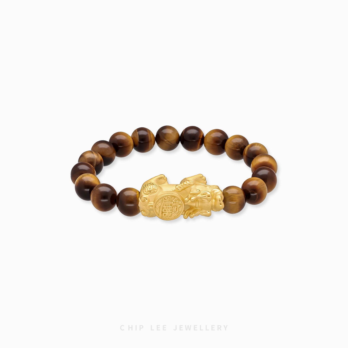 Close-up of 999 Pure Gold 招财纳福 Tiger Eye Pixiu Bracelet featuring a gold Pixiu charm and tiger eye beads on display.
