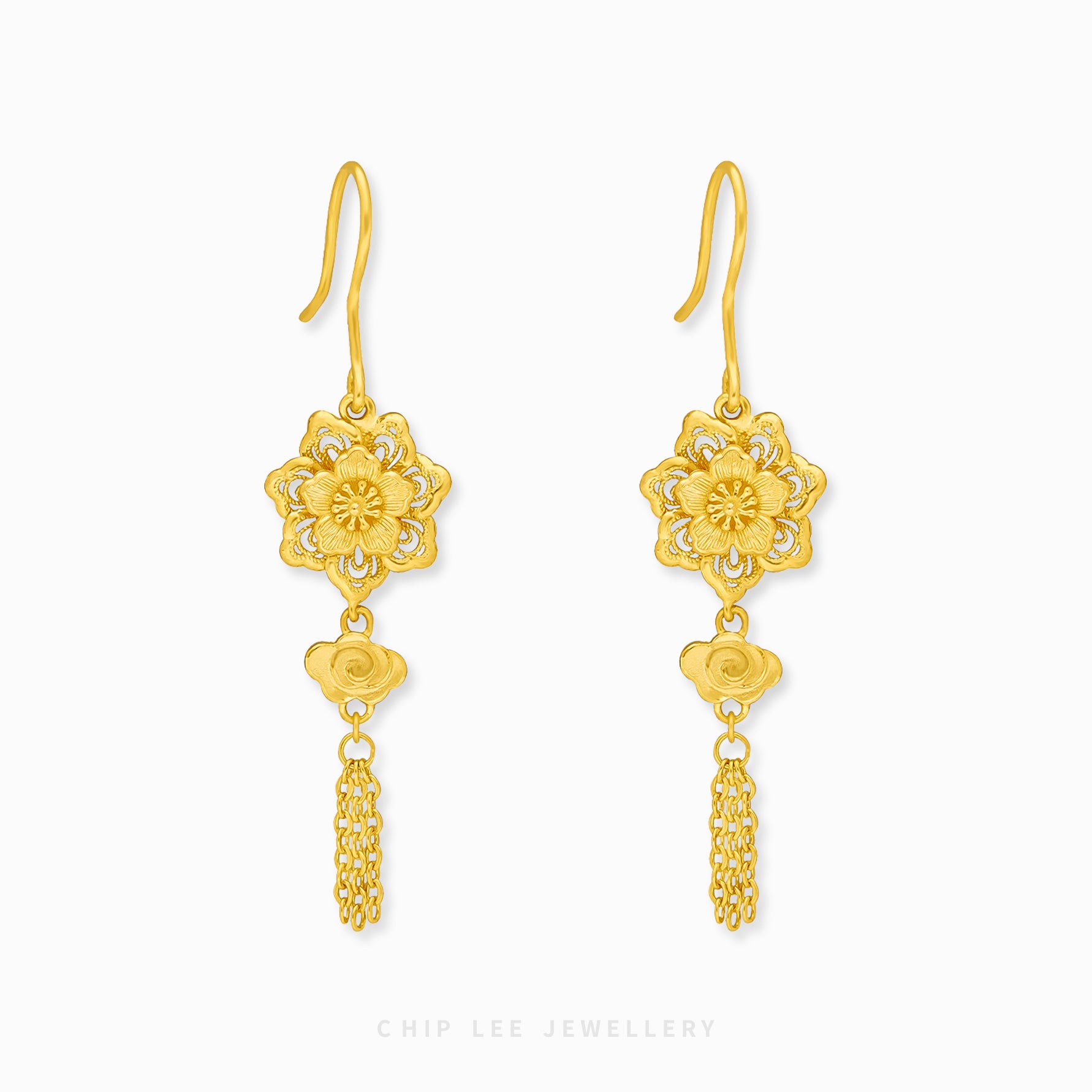 999 Pure Gold Traditional Wind Flower Earring with delicate floral motifs in solid gold, combining heritage and elegant design for timeless style.