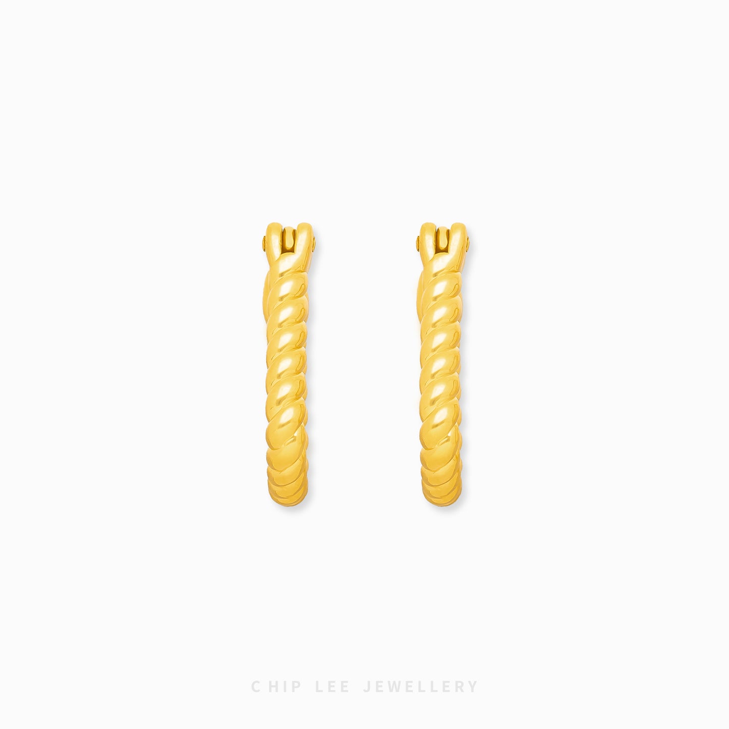 999 Pure Gold Twist Hoop Earring with elegant spiral twist design, crafted from solid 24K gold by Chip Lee Jewellery Singapore 