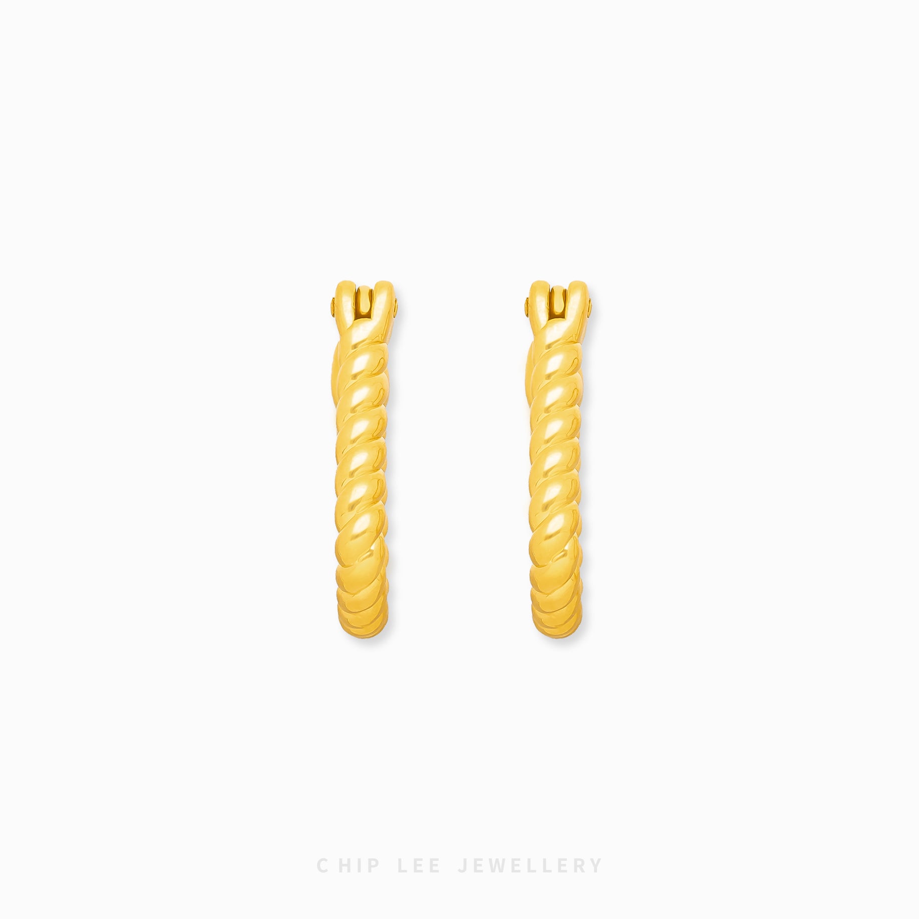 999 Pure Gold Twist Hoop Earring with elegant spiral twist design, crafted from solid 24K gold by Chip Lee Jewellery Singapore 