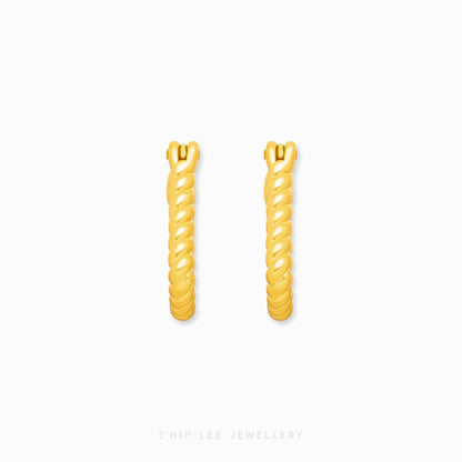 999 Pure Gold Twist Hoop Earring with elegant spiral twist design, crafted from solid 24K gold by Chip Lee Jewellery Singapore 