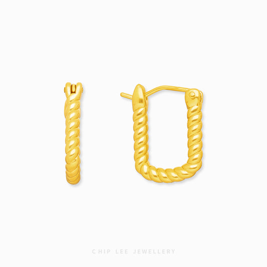 999 Pure Gold Twist Hoop Earring with elegant spiral twist design, crafted from solid 24K gold by Chip Lee Jewellery Singapore 