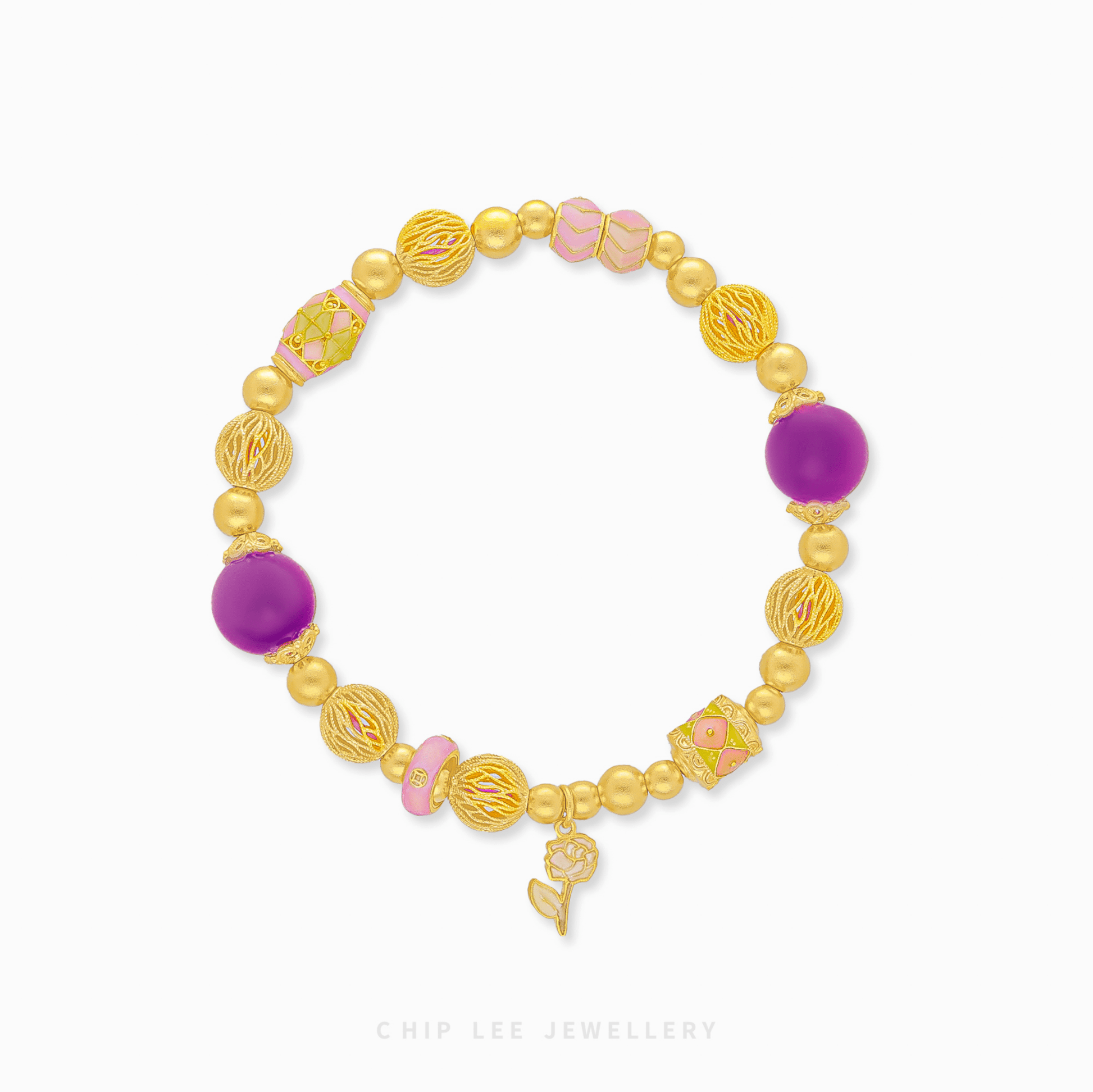 999 Pure Gold Violet Bliss Floral Charm Bracelet in matte Gu Fa Jin finish featuring a detailed handcrafted blooming charm.