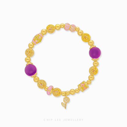 999 Pure Gold Violet Bliss Floral Charm Bracelet in matte Gu Fa Jin finish featuring a detailed handcrafted blooming charm.