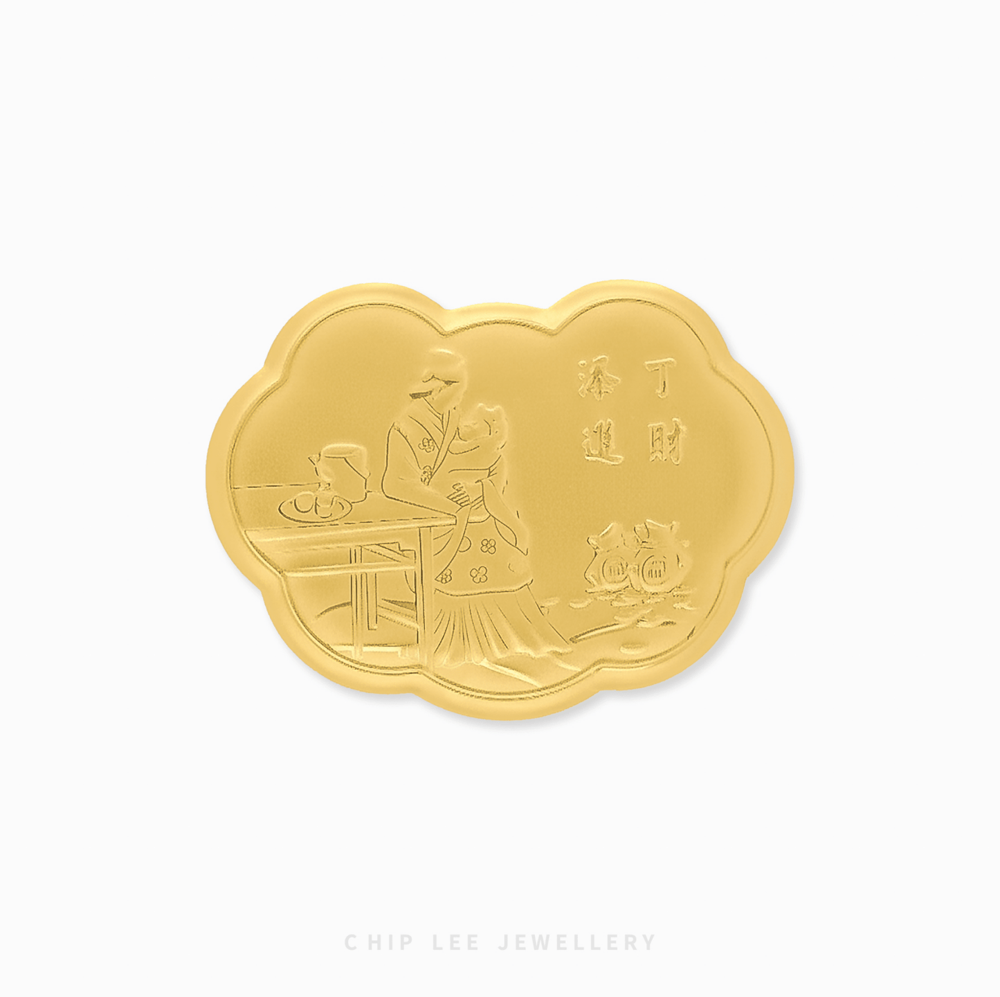 Gold ornament with intricate design on a white background, featuring 'Chip Lee Jewellery' branding.