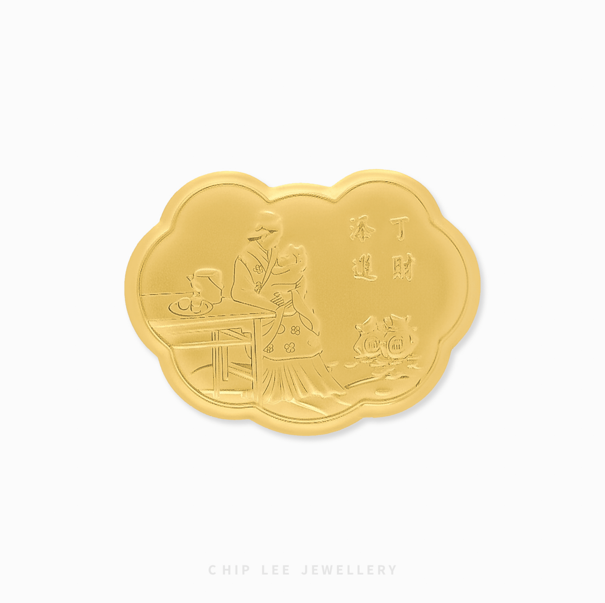 Gold ornament with intricate design on a white background, featuring 'Chip Lee Jewellery' branding.