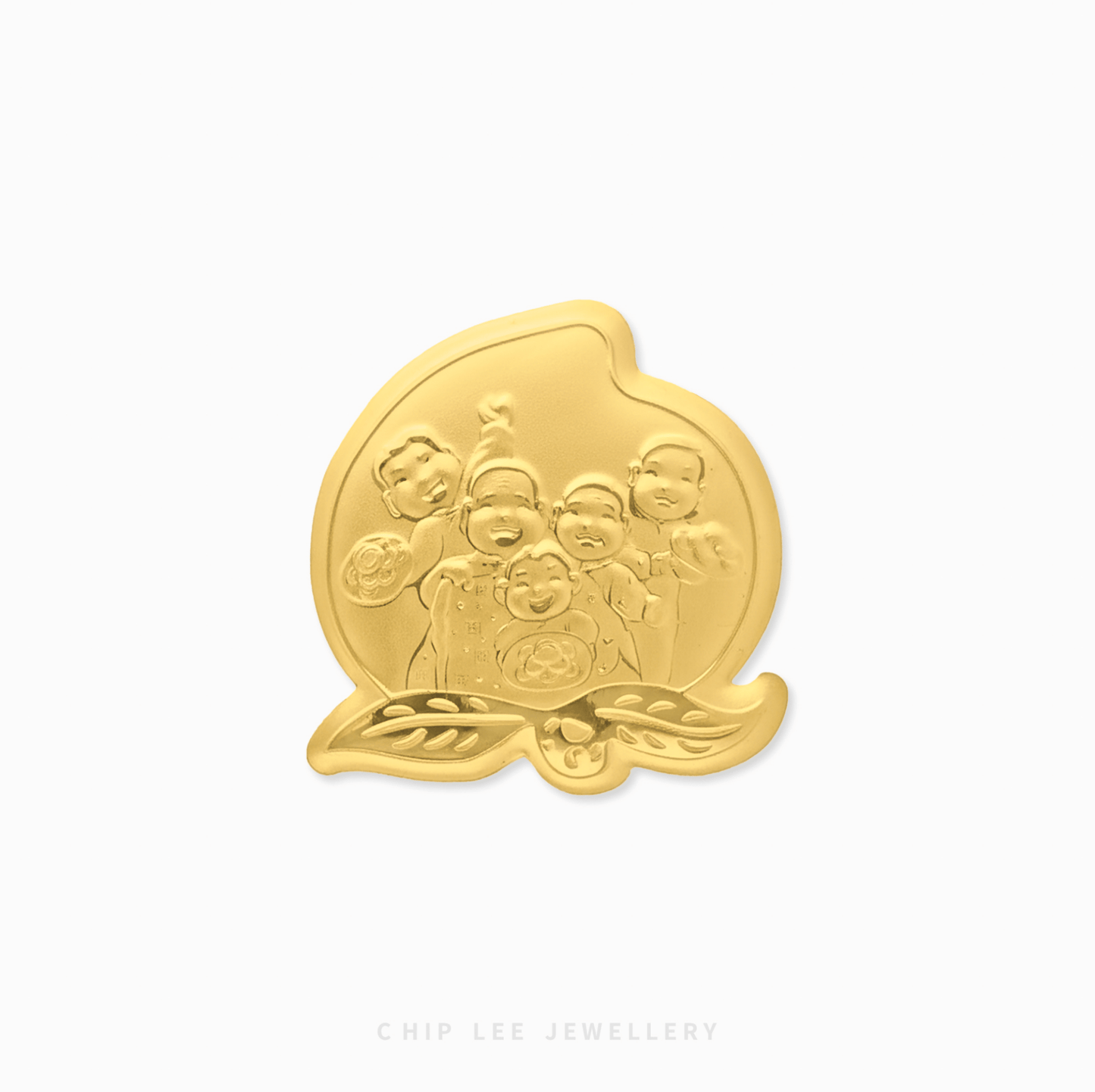 Gold ornament with a design of four children on a white background