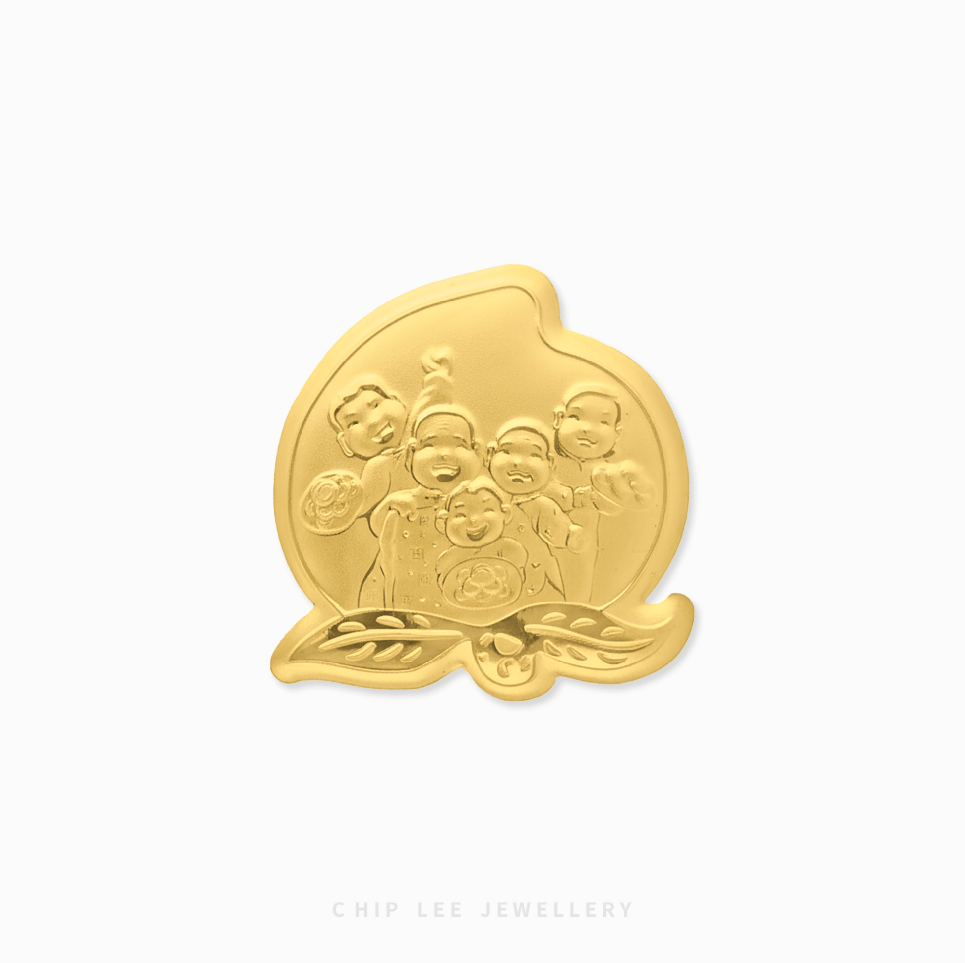 Gold ornament with a design of four children on a white background