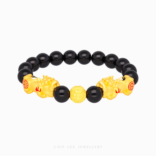 999 Pure Gold Duo Yin Yang Black Agate Pixiu Bracelet