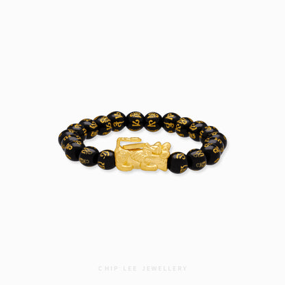 999 Pure Gold Black Agate Pixiu Bracelet