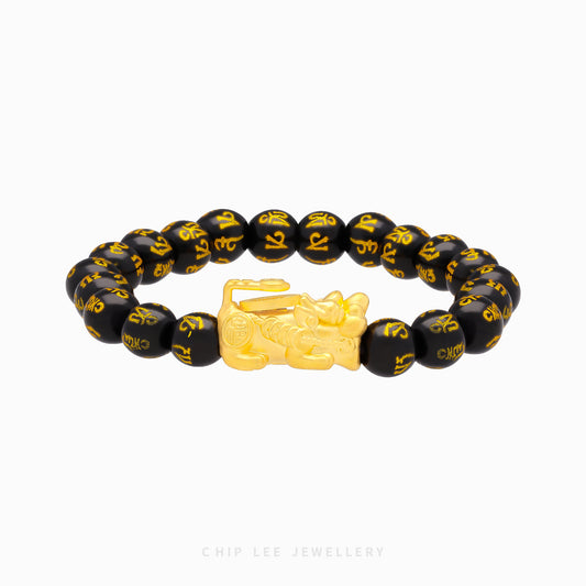 999 Pure Gold Black Agate Pixiu Bracelet