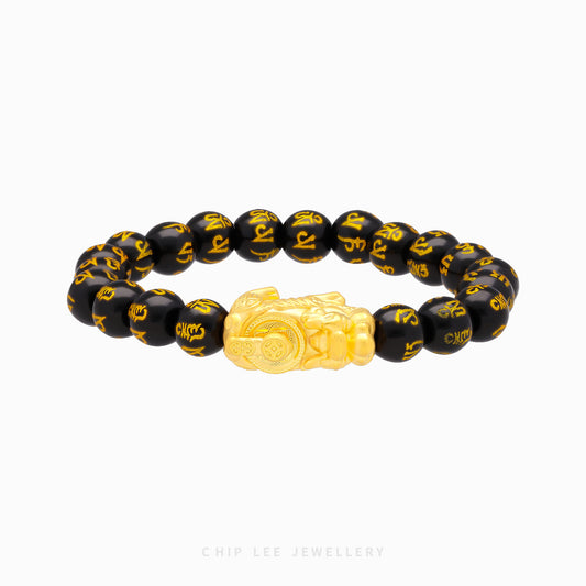 999 Pure Gold Black Agate Pixiu Bracelet